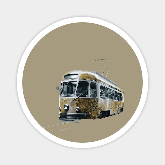 Vintage Tram, Predominantly in a Cream and Yellow Color Scheme with Metallic Accents Magnet by animegirlnft